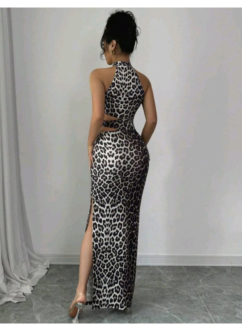 SHEIN Women Elegant Leopard Print Hollow Out Waist Dress Maxi Women Outfit - Image 4